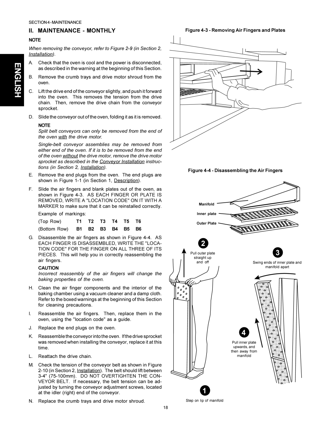 Middleby Marshall PS500 installation manual II. Maintenance Monthly, Removing Air Fingers and Plates 