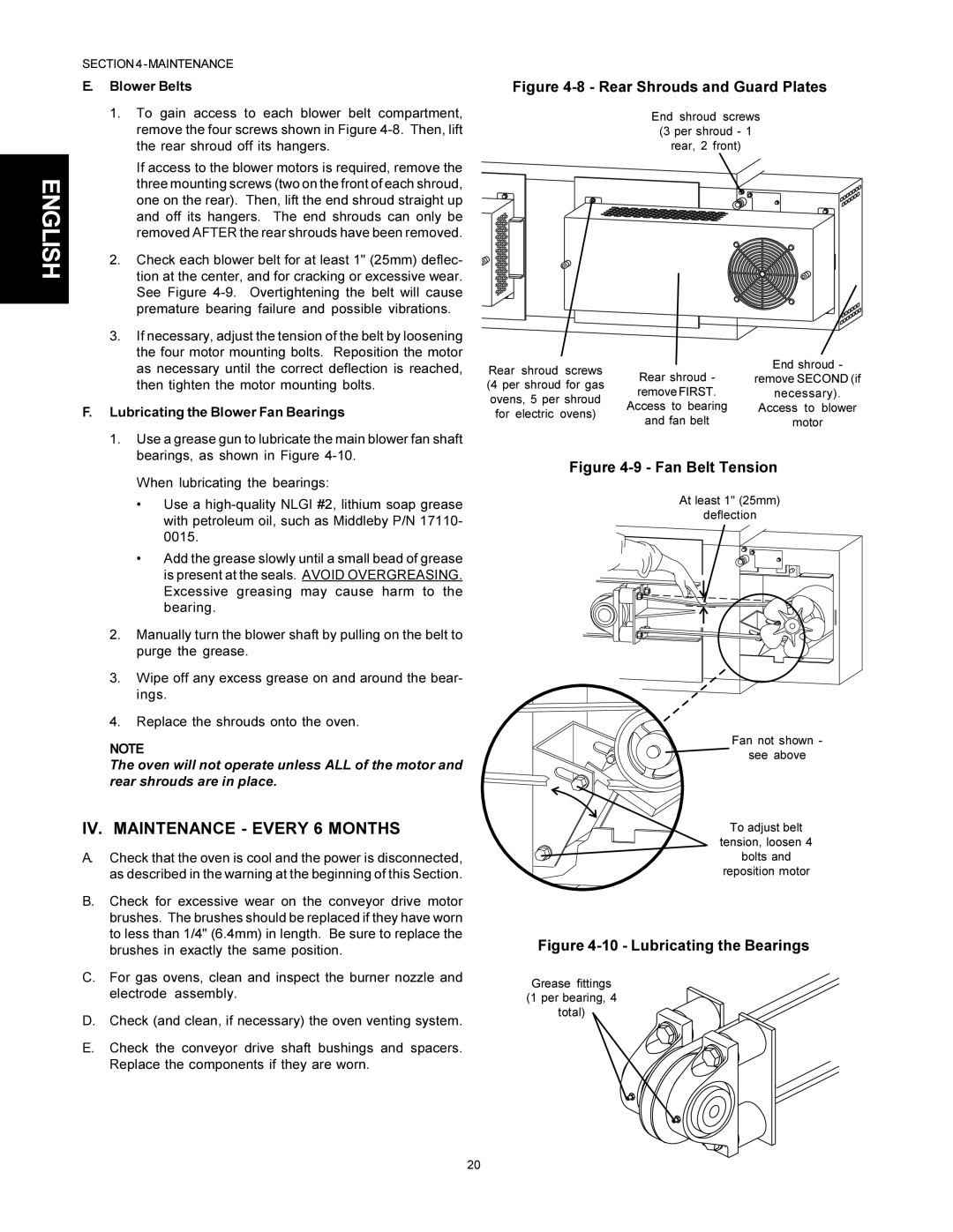 Middleby Marshall PS500 IV. Maintenance Every 6 Months, Blower Belts, Lubricating the Blower Fan Bearings 