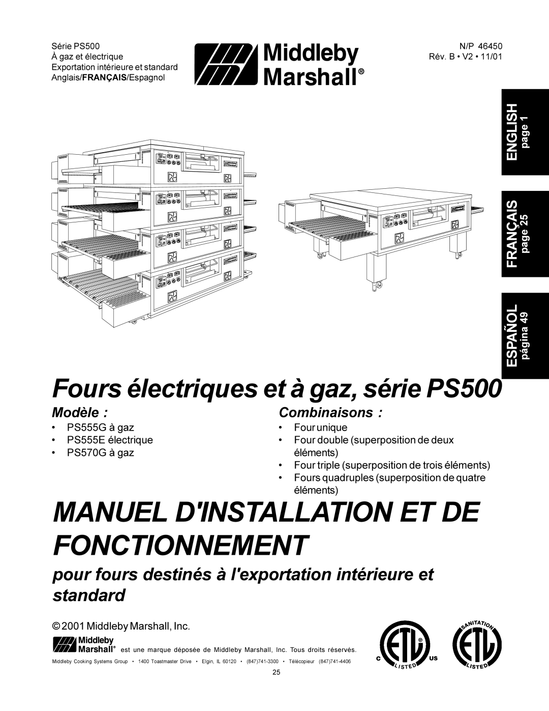 Middleby Marshall PS500 installation manual Manuel Dinstallation ET DE Fonctionnement 