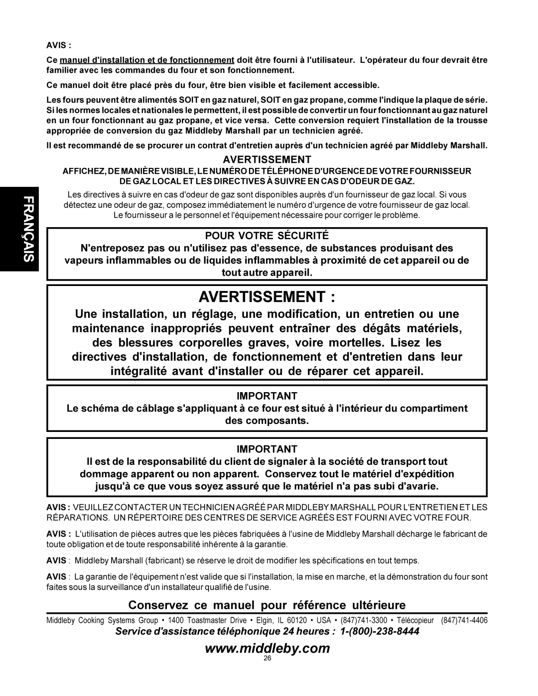 Middleby Marshall PS500 installation manual Avertissement 