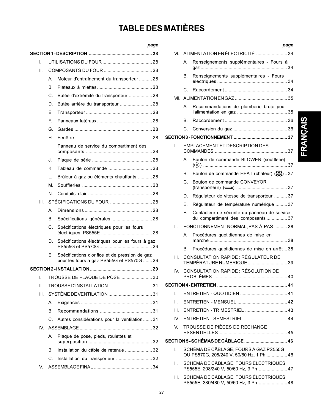 Middleby Marshall PS500 installation manual Table DES Matières, Fonctionnement, Entretien, Schémas DE Câblage 