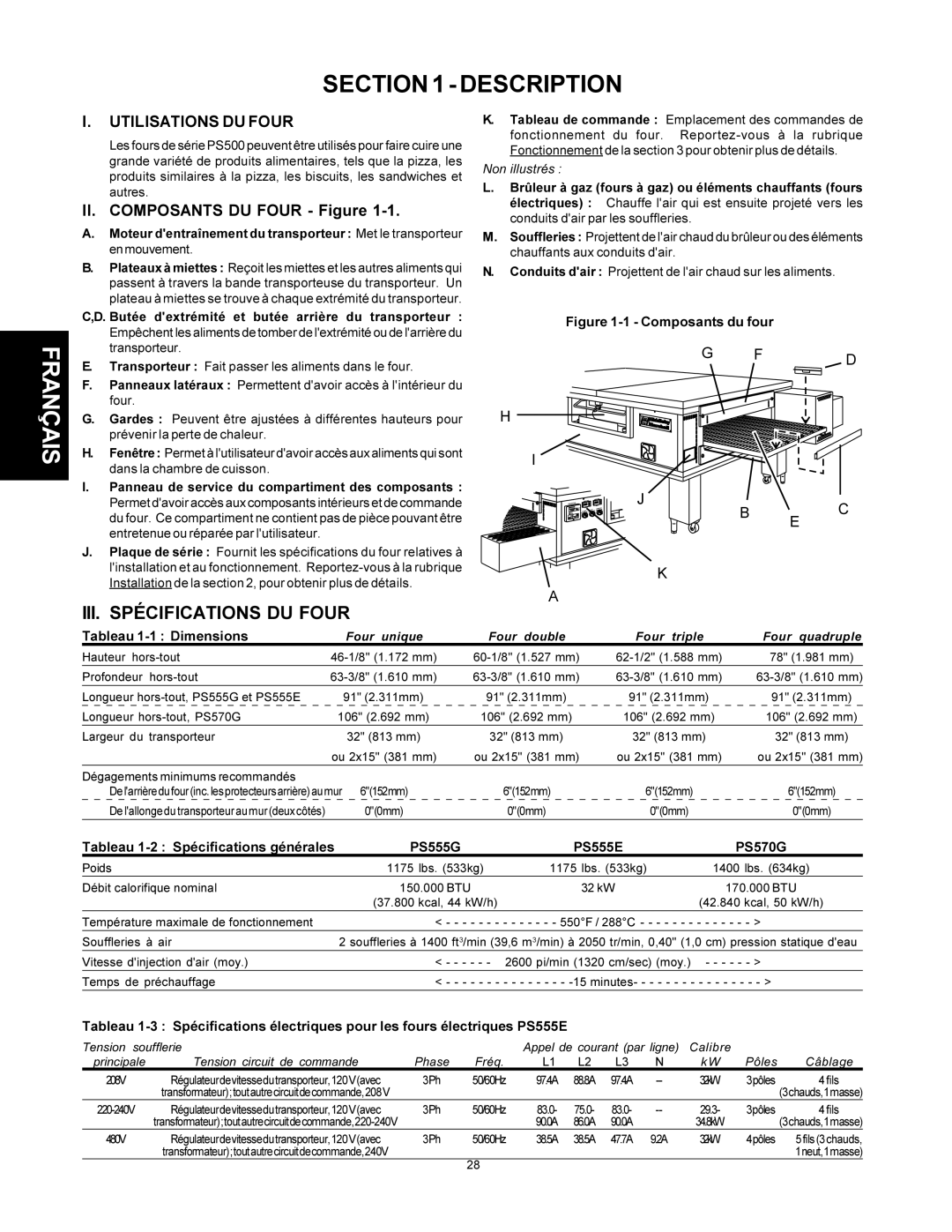 Middleby Marshall PS500 Utilisations DU Four, II. Composants DU Four Figure, Tableau 1-2 Spécifications générales 