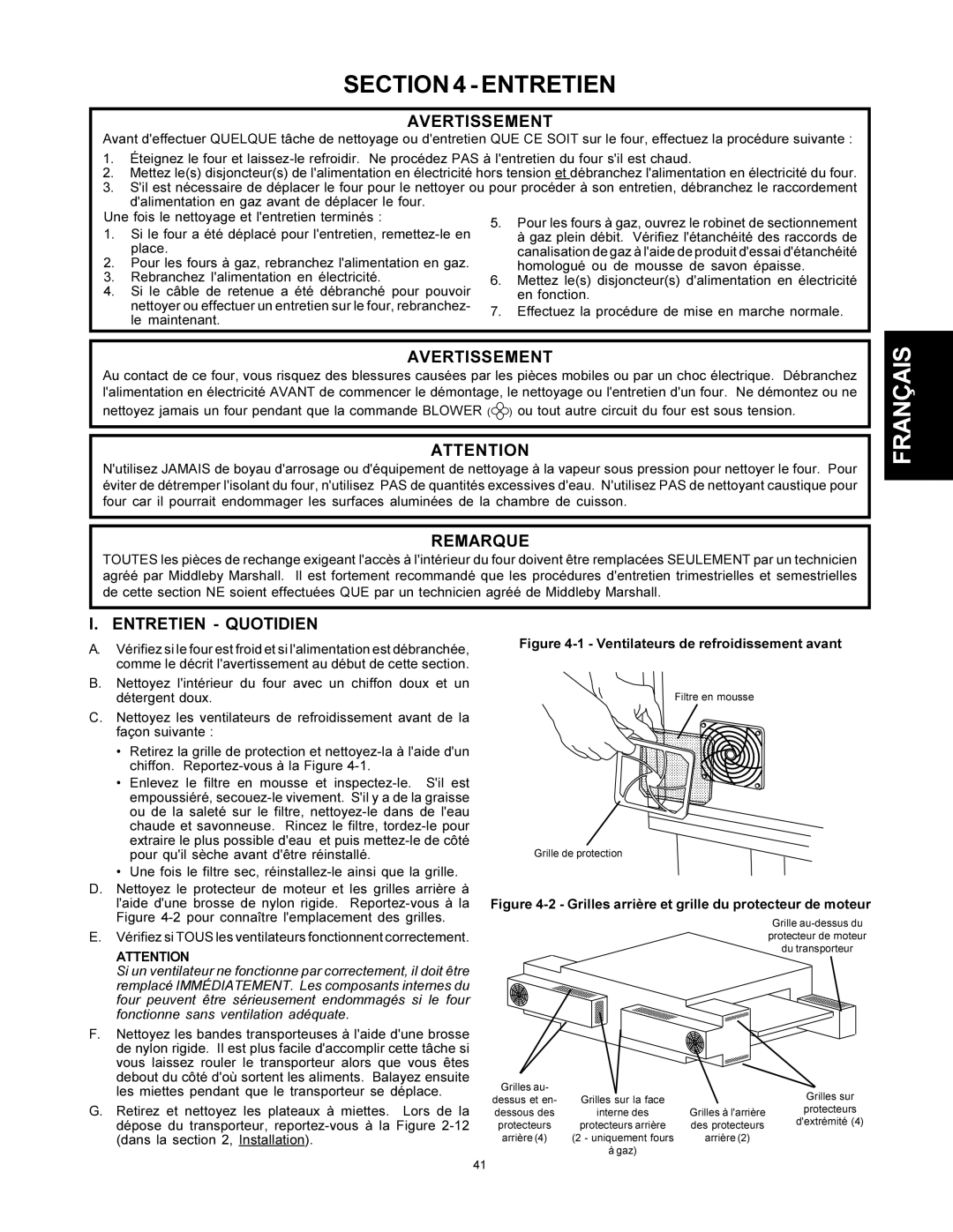 Middleby Marshall PS500 Avertissement, Remarque, Entretien Quotidien, Filtre en mousse Grille de protection 