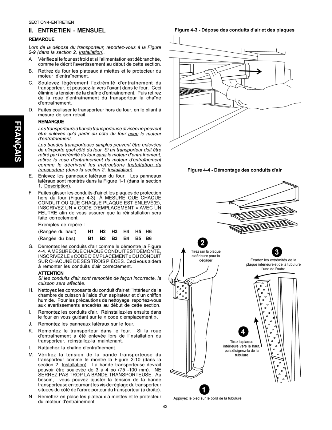 Middleby Marshall PS500 installation manual II. Entretien Mensuel, Remarque, Rangée du bas B1 B2 B3 B4 B5 B6 