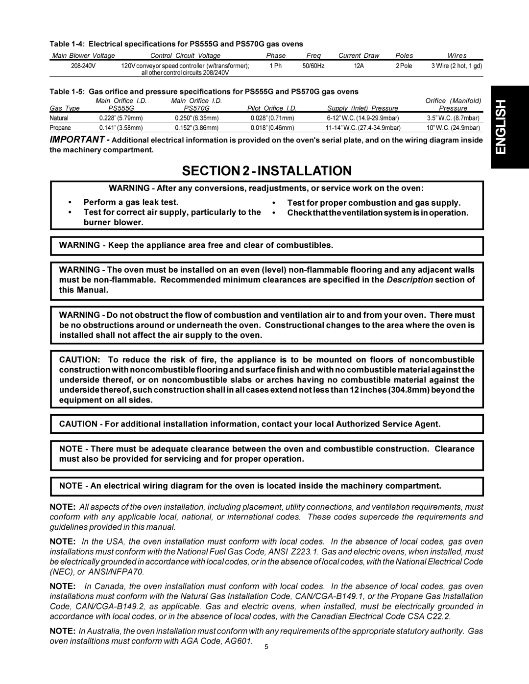 Middleby Marshall PS500 installation manual Installation, Electrical specifications for PS555G and PS570G gas ovens 