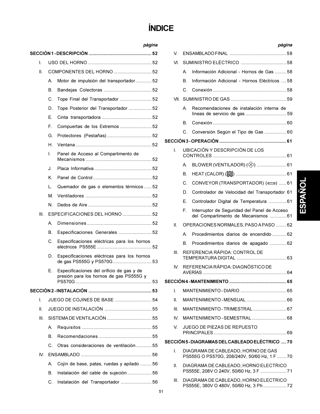 Middleby Marshall PS500 installation manual Índice, Sección 2 Instalación, Sección 3 Operación, Sección 4 Mantenimiento 