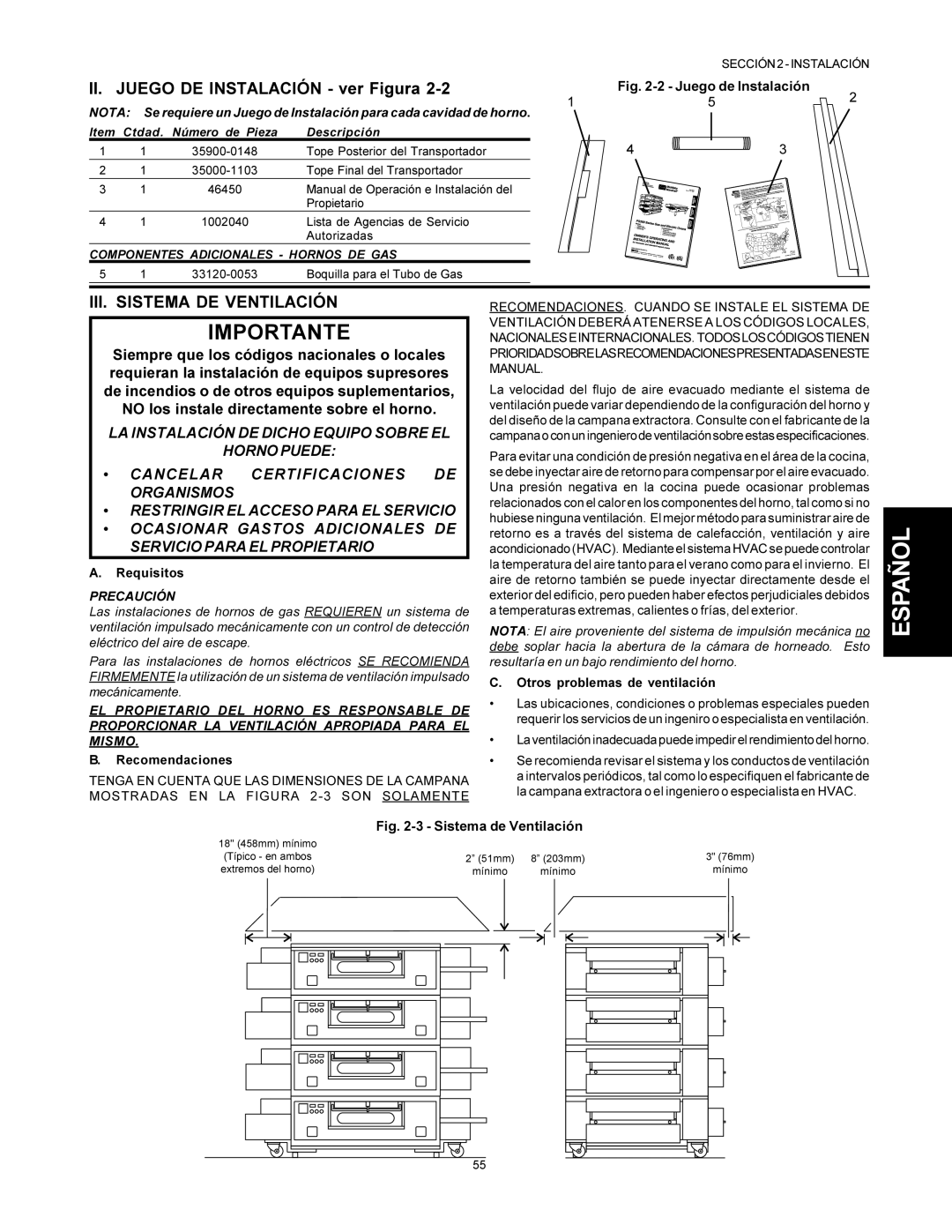 Middleby Marshall PS500 installation manual II. Juego DE Instalación ver Figura, III. Sistema DE Ventilación 