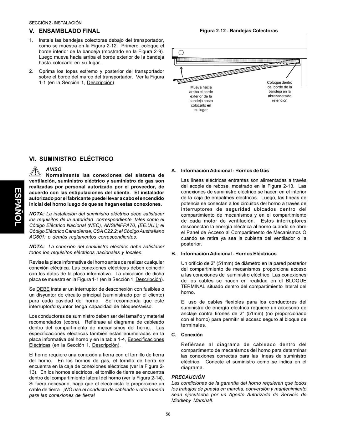 Middleby Marshall PS500 Ensamblado Final, VI. Suministro Eléctrico, Información Adicional Hornos de Gas, Conexión 