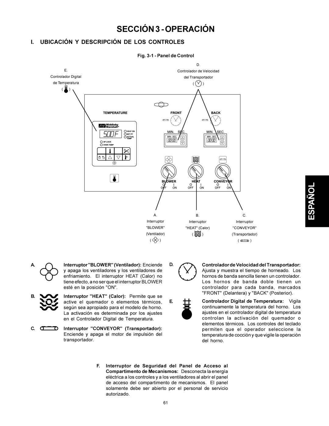 Middleby Marshall PS500 installation manual Sección 3 Operación, Ubicación Y Descripción DE LOS Controles 