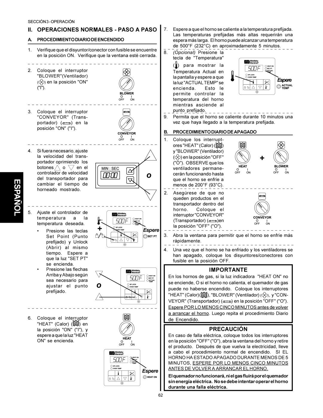 Middleby Marshall PS500 II. Operaciones Normales Paso a Paso, Importante, Procedimientodiariodeencendido 