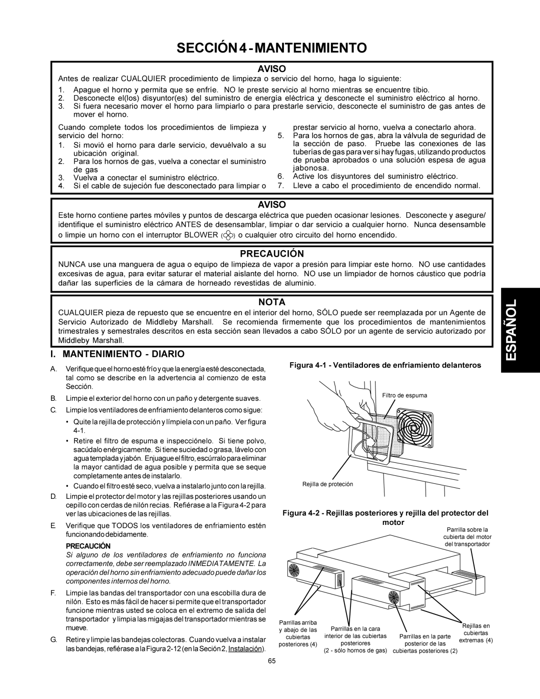 Middleby Marshall PS500 installation manual SECCIÓN4-MANTENIMIENTO, Aviso, Nota, Mantenimiento Diario, Motor 