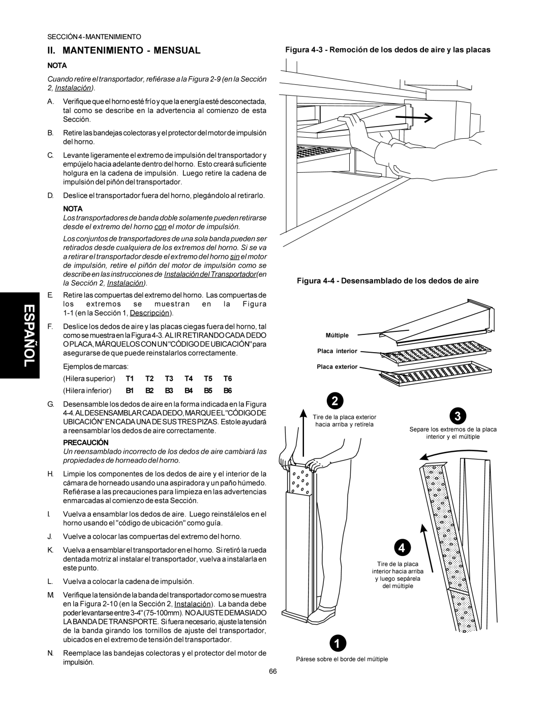 Middleby Marshall PS500 II. Mantenimiento Mensual, Figura 4-3 Remoción de los dedos de aire y las placas 