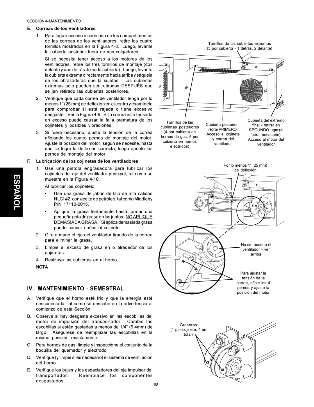 Middleby Marshall PS500 installation manual IV. Mantenimiento Semestral, Correas de los Ventiladores, Nota 