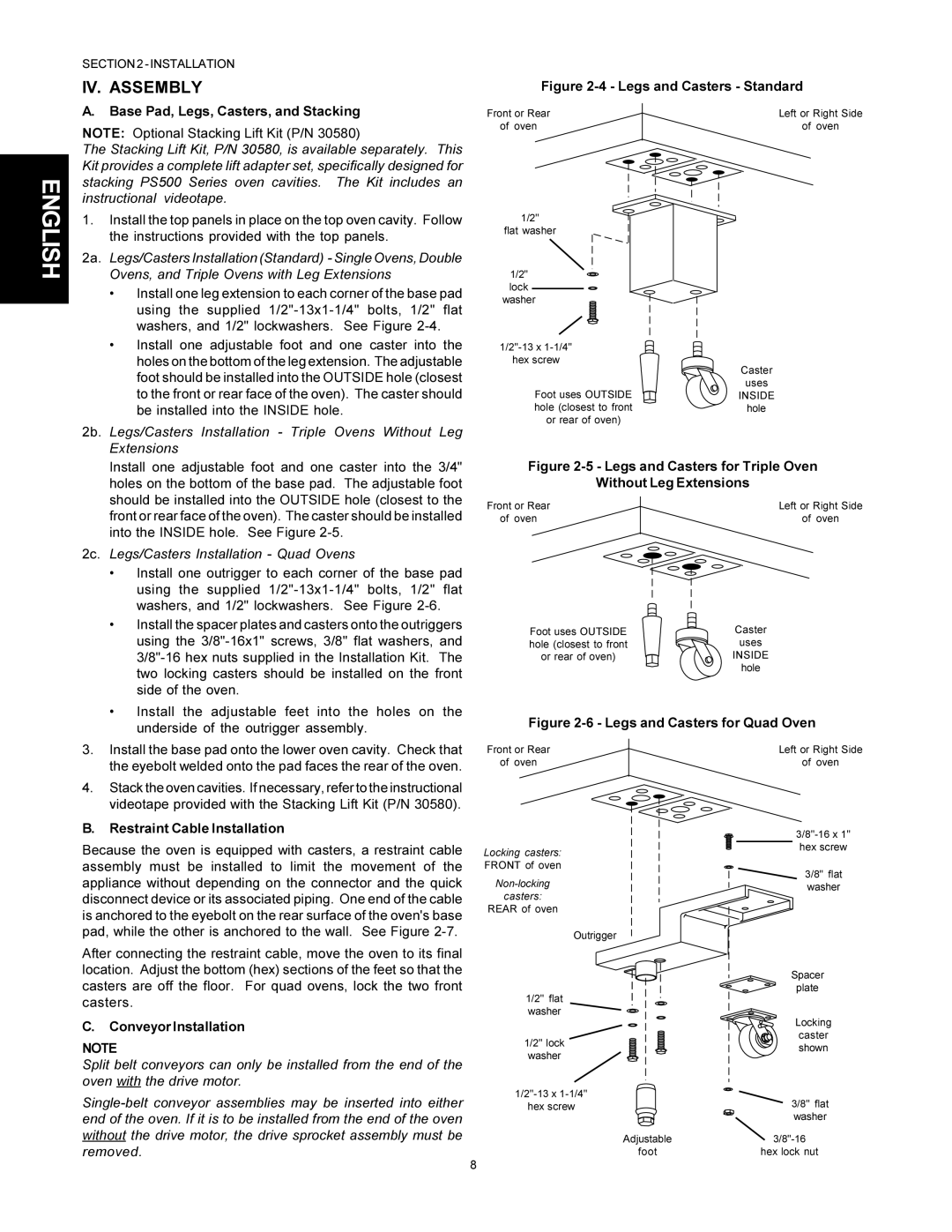 Middleby Marshall PS500 IV. Assembly, Base Pad, Legs, Casters, and Stacking, Restraint Cable Installation 