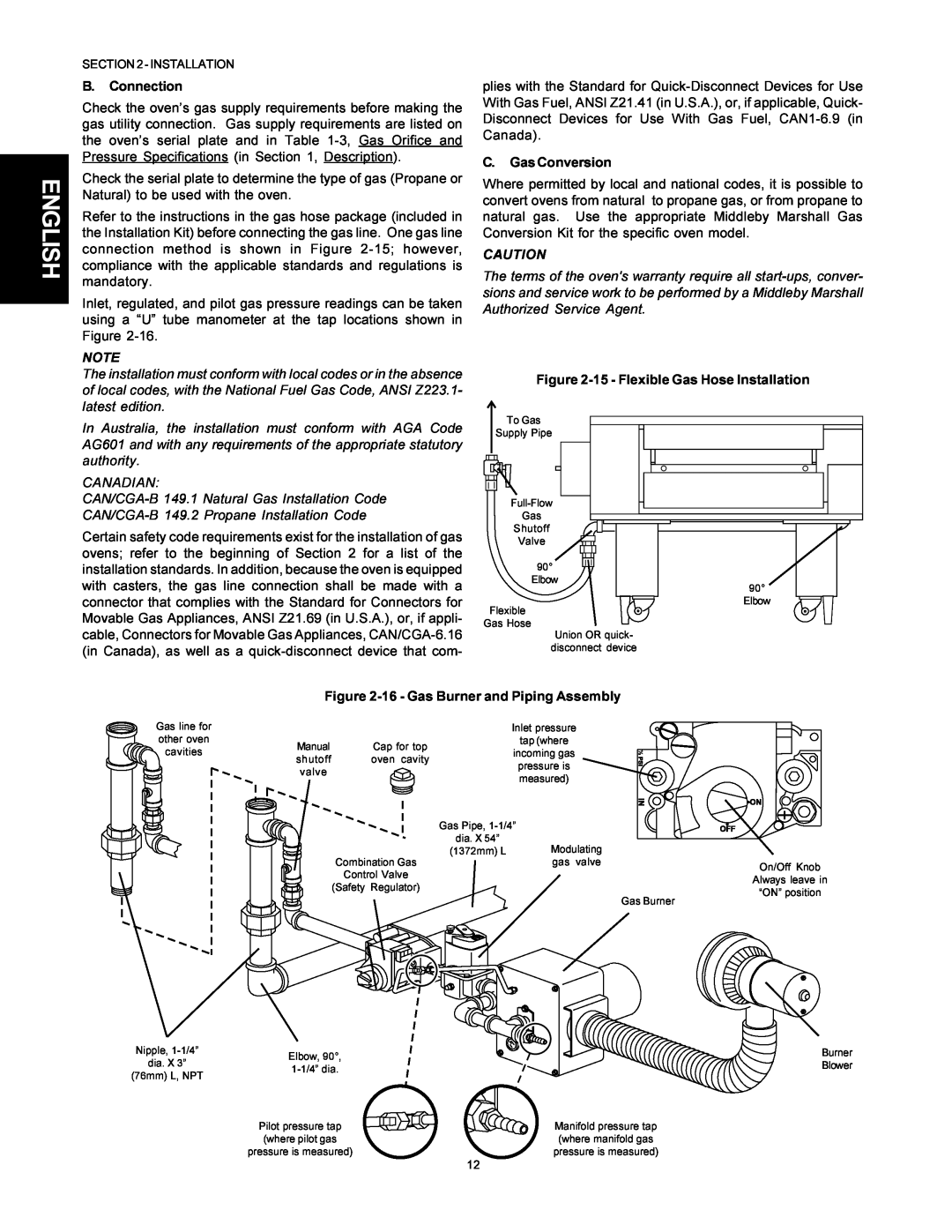 Middleby Marshall PS500 installation manual English, B. Connection, C. Gas Conversion, 15 - Flexible Gas Hose Installation 