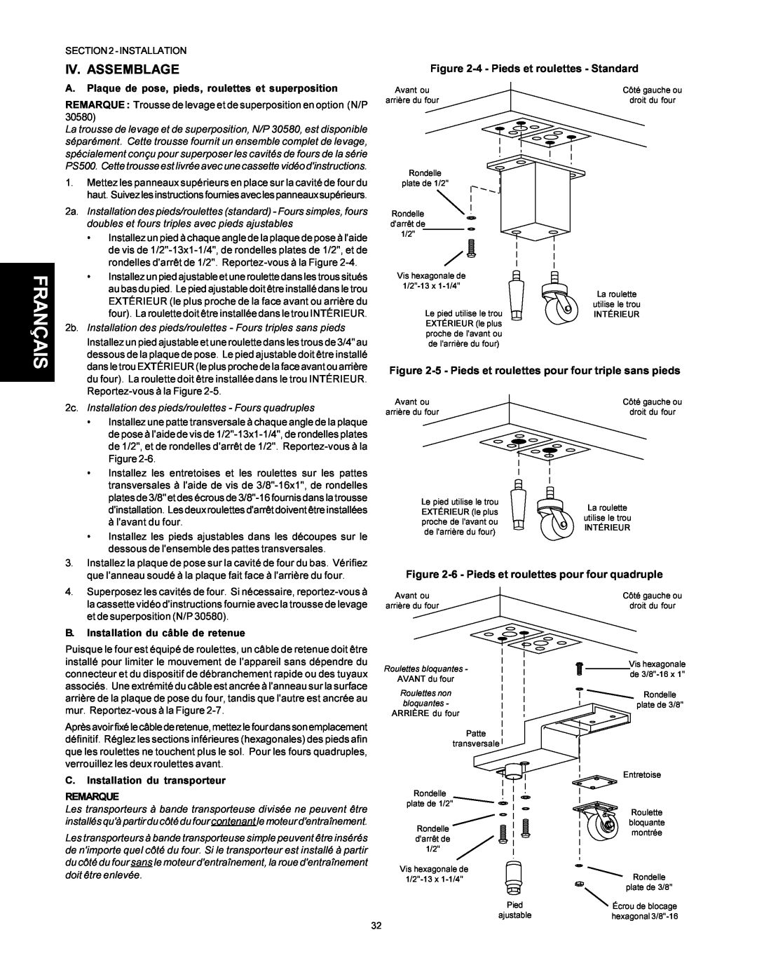 Middleby Marshall PS500 Iv. Assemblage, Français, 4 - Pieds et roulettes - Standard, B. Installation du câble de retenue 