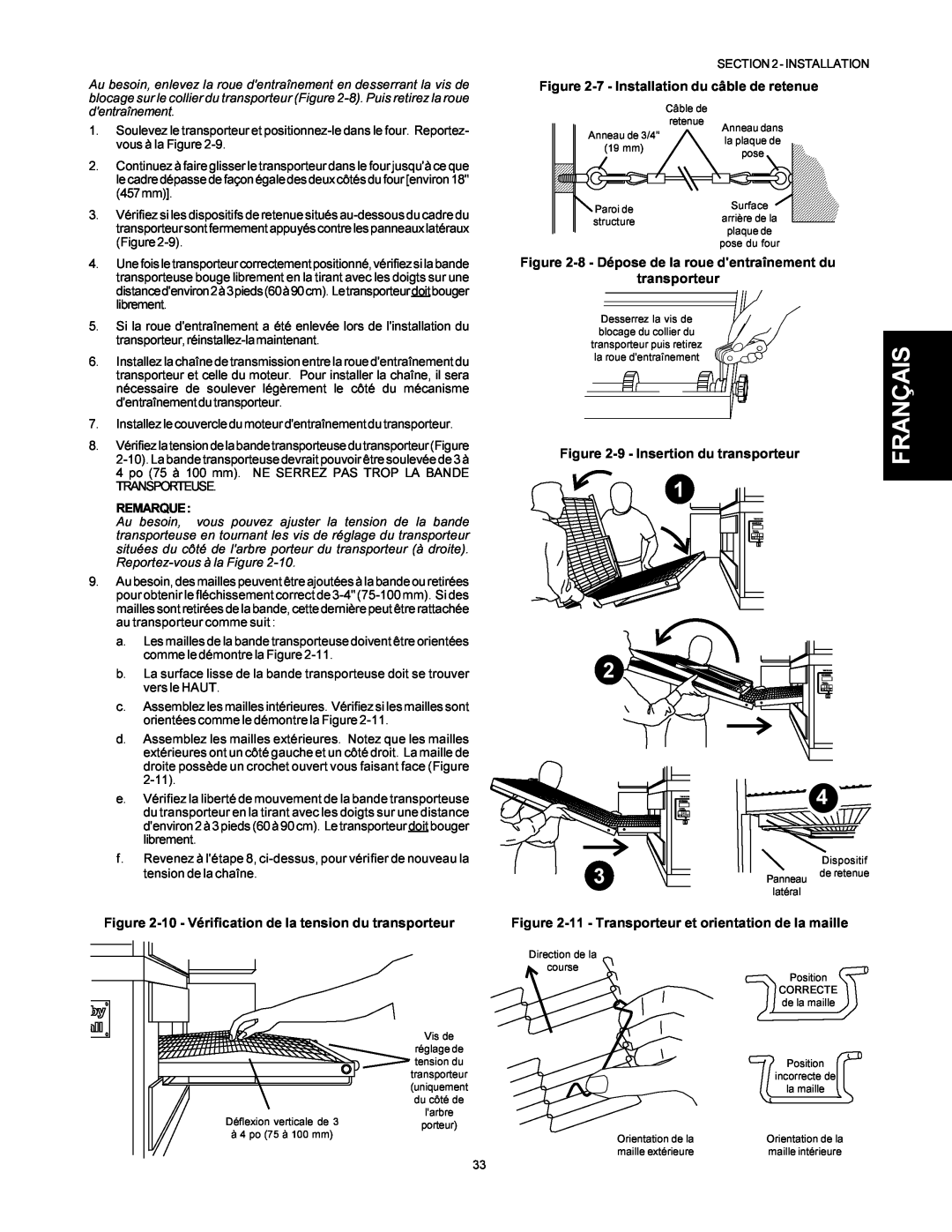 Middleby Marshall PS500 10 - Vérification de la tension du transporteur, 7 - Installation du câble de retenue, Remarque 