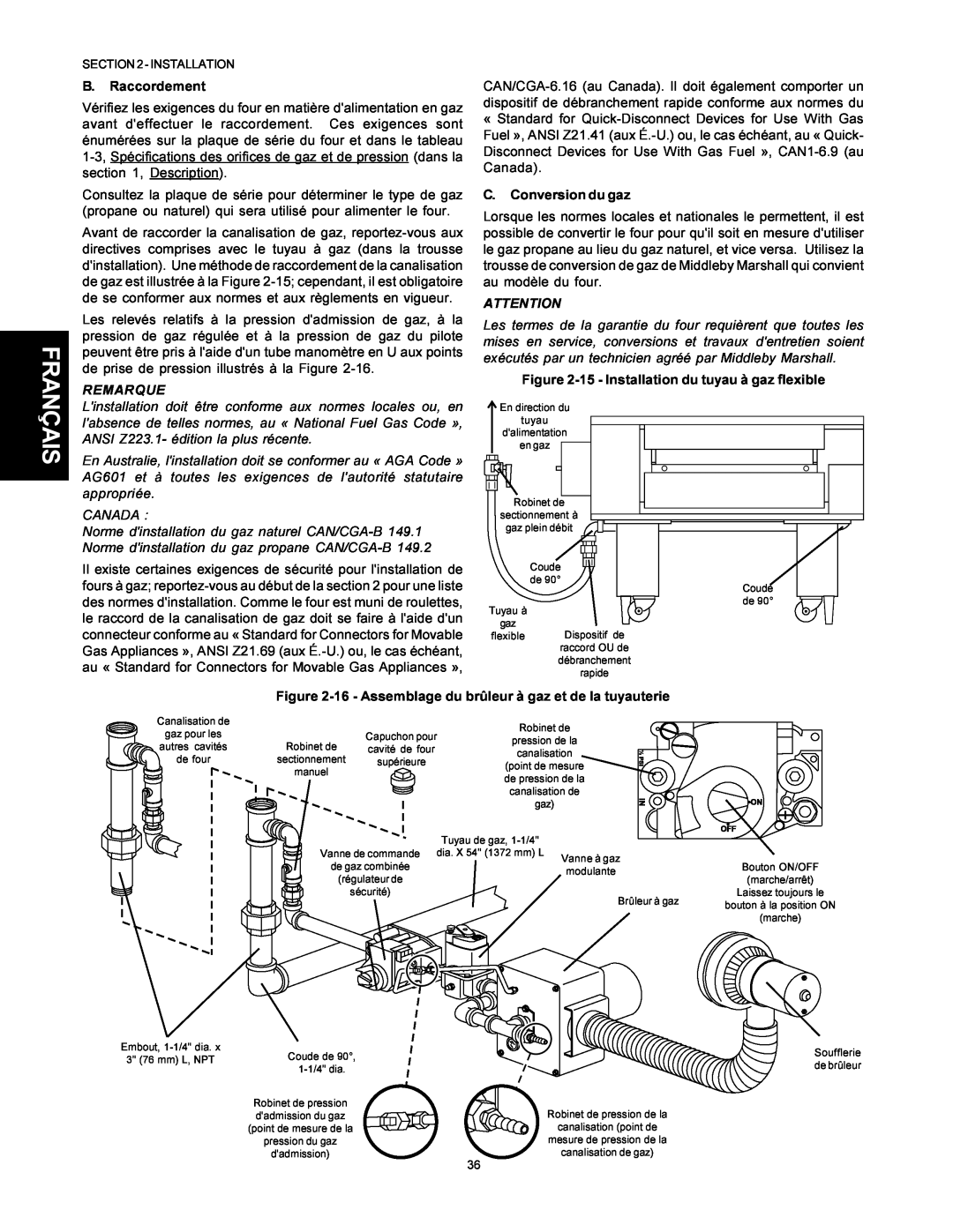 Middleby Marshall PS500 installation manual Français, B. Raccordement, Remarque, C. Conversion du gaz 