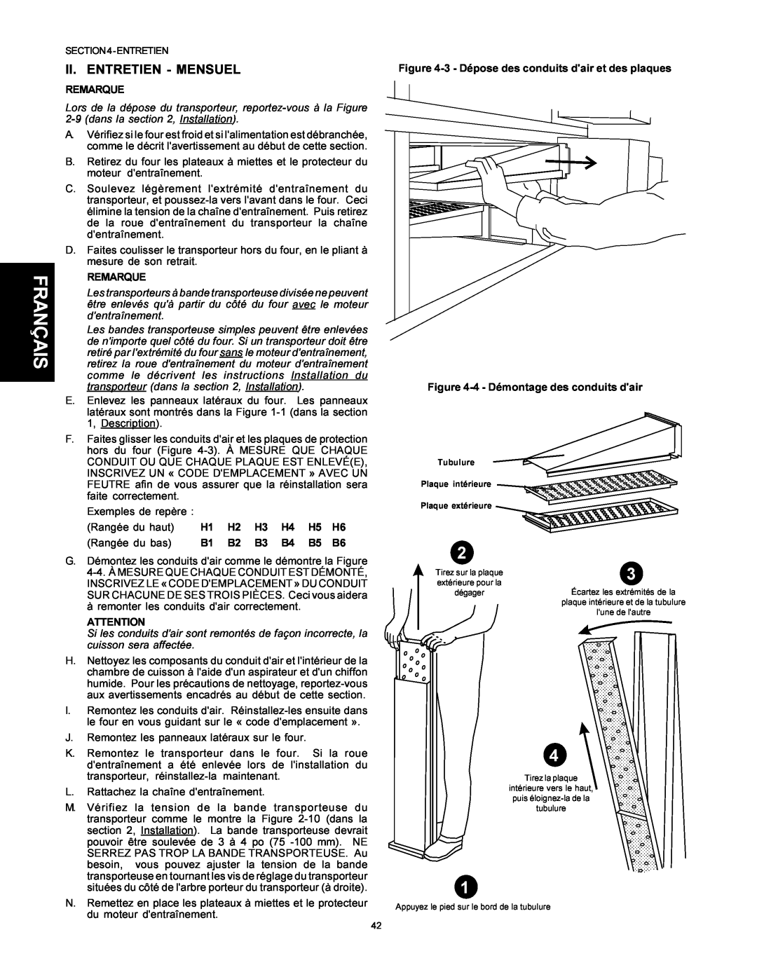 Middleby Marshall PS500 installation manual Ii. Entretien - Mensuel, Français, Remarque, Rangée du bas B1 B2 B3 B4 B5 B6 