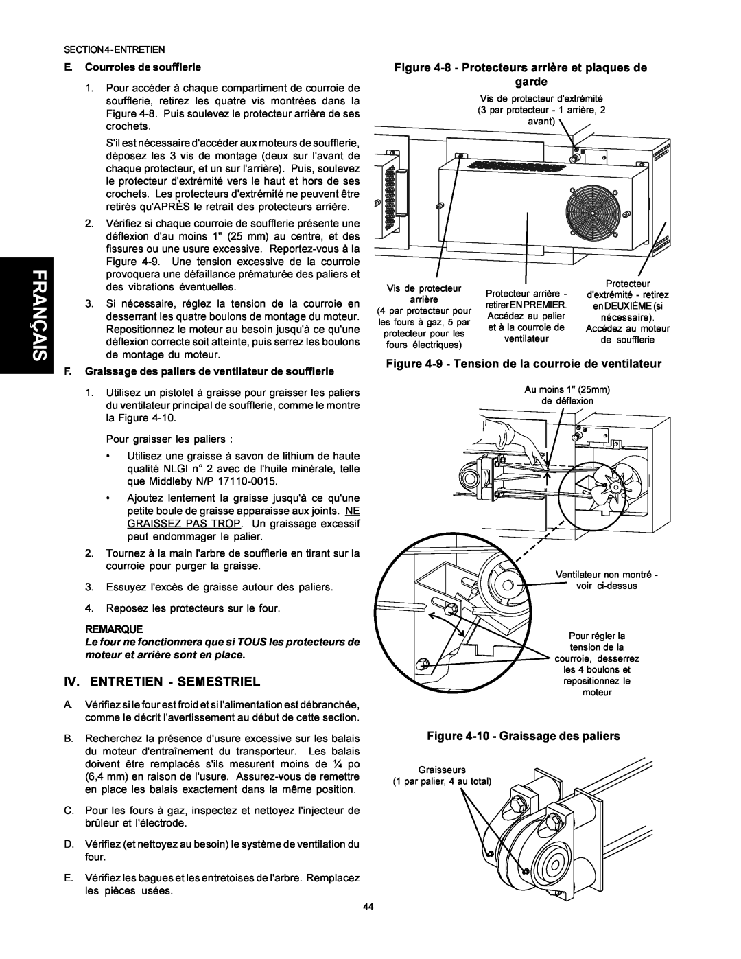 Middleby Marshall PS500 installation manual Iv. Entretien - Semestriel, Français, E. Courroies de soufflerie, Remarque 
