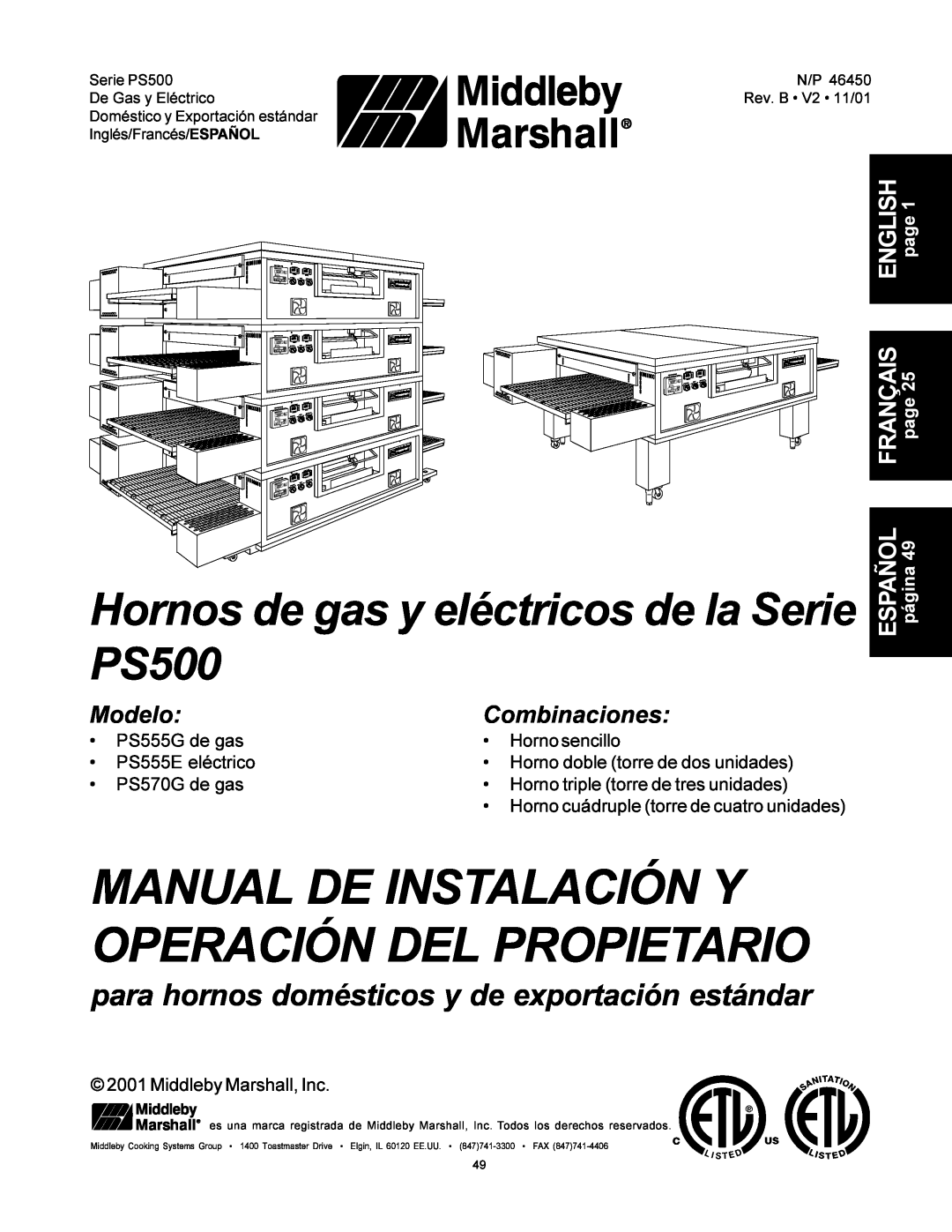 Middleby Marshall PS500 Manual De Instalación Y Operación Del Propietario, ModeloCombinaciones, PS555G de gas 