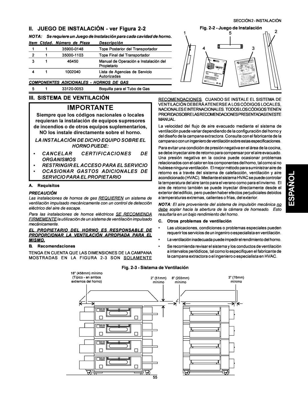 Middleby Marshall PS500 Importante, II. JUEGO DE INSTALACIÓN - ver Figura, Iii. Sistema De Ventilación, Español, Nota 
