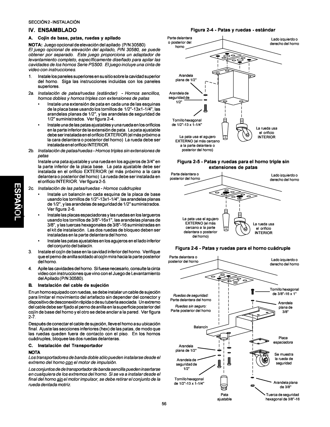 Middleby Marshall PS500 installation manual Iv. Ensamblado, Figura 2-4 - Patas y ruedas - estándar, extensiones de patas 