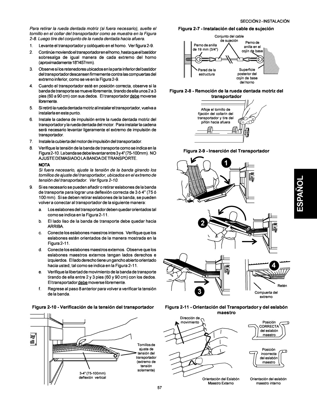 Middleby Marshall PS500 installation manual Español, Figura 2-10 - Verificación de la tensión del transportador, Nota 