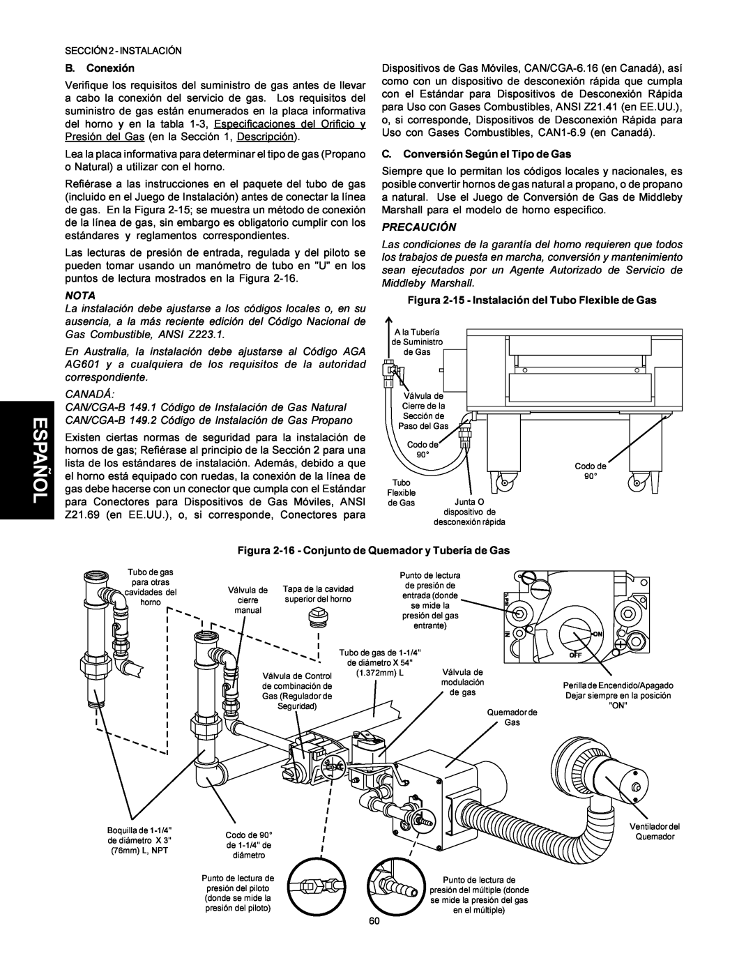 Middleby Marshall PS500 installation manual Español, B. Conexión, Nota, C. Conversión Según el Tipo de Gas, Precaución 