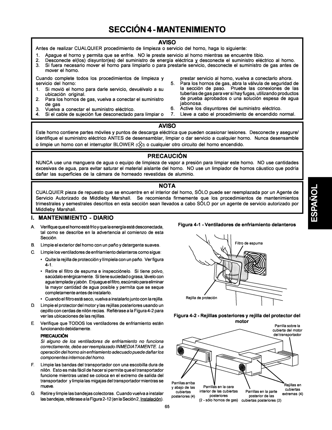 Middleby Marshall PS500 SECCIÓN4-MANTENIMIENTO, Aviso, Nota, I. Mantenimiento - Diario, Precaución, motor 