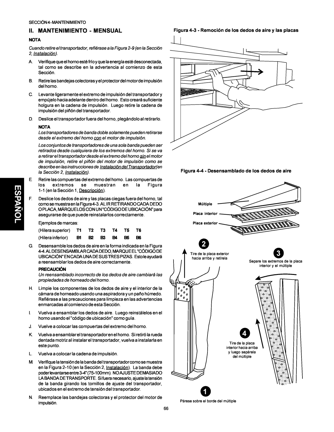 Middleby Marshall PS500 Ii. Mantenimiento - Mensual, Español, Figura 4-3 - Remoción de los dedos de aire y las placas 