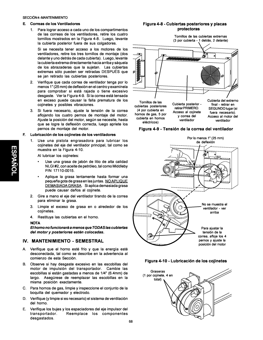 Middleby Marshall PS500 installation manual Iv. Mantenimiento - Semestral, Español, E. Correas de los Ventiladores, Nota 