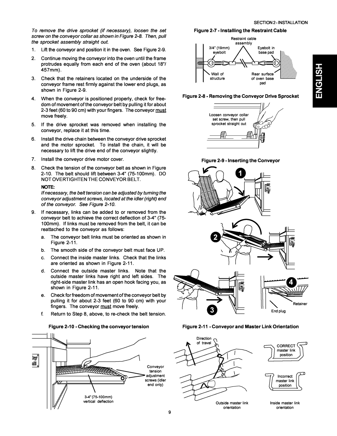 Middleby Marshall PS500 installation manual English, 10 - Checking the conveyor tension, 7 - Installing the Restraint Cable 