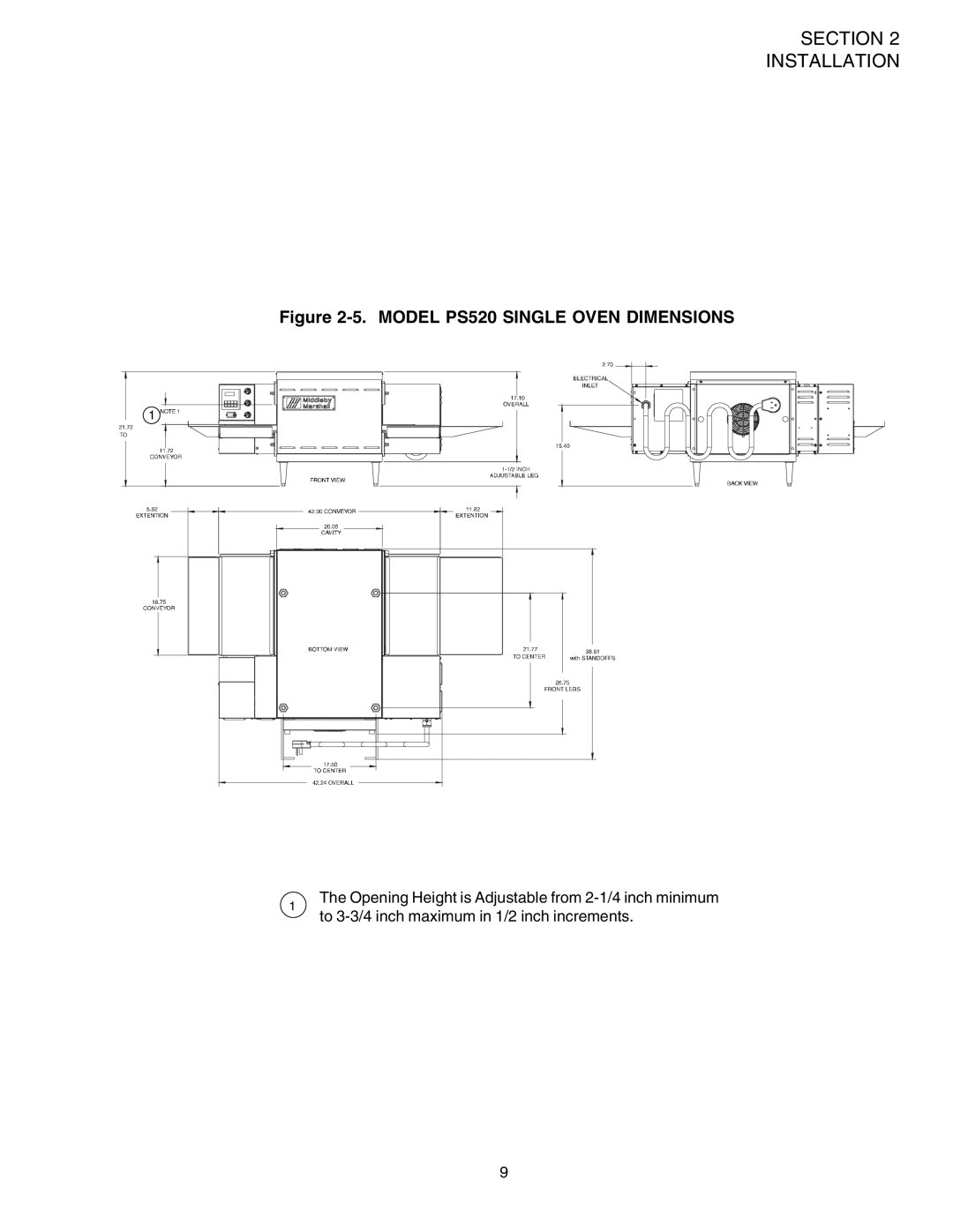 Middleby Marshall installation manual Model PS520 Single Oven Dimensions 