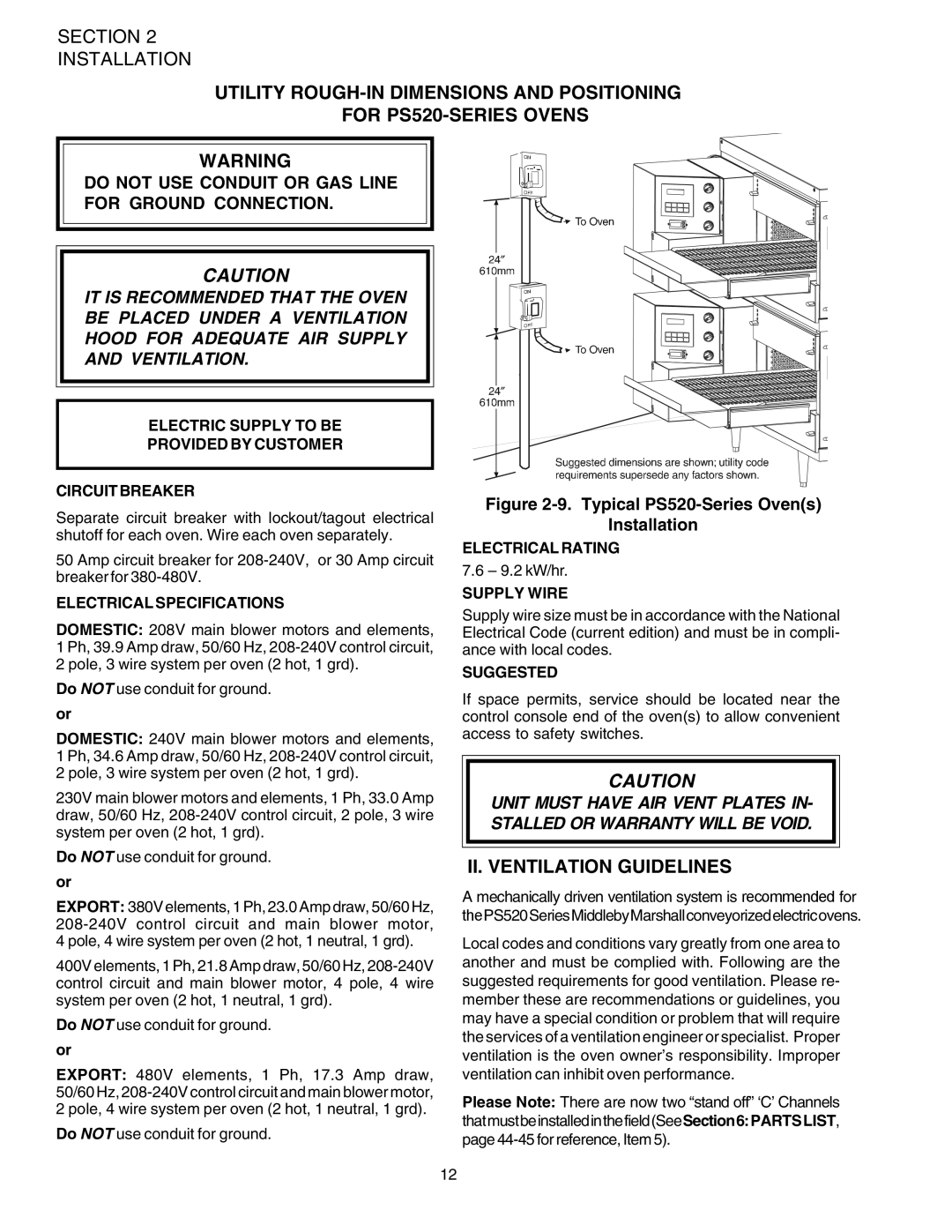 Middleby Marshall PS520 II. Ventilation Guidelines, Electric Supply to be Provided by Customer Circuitbreaker 