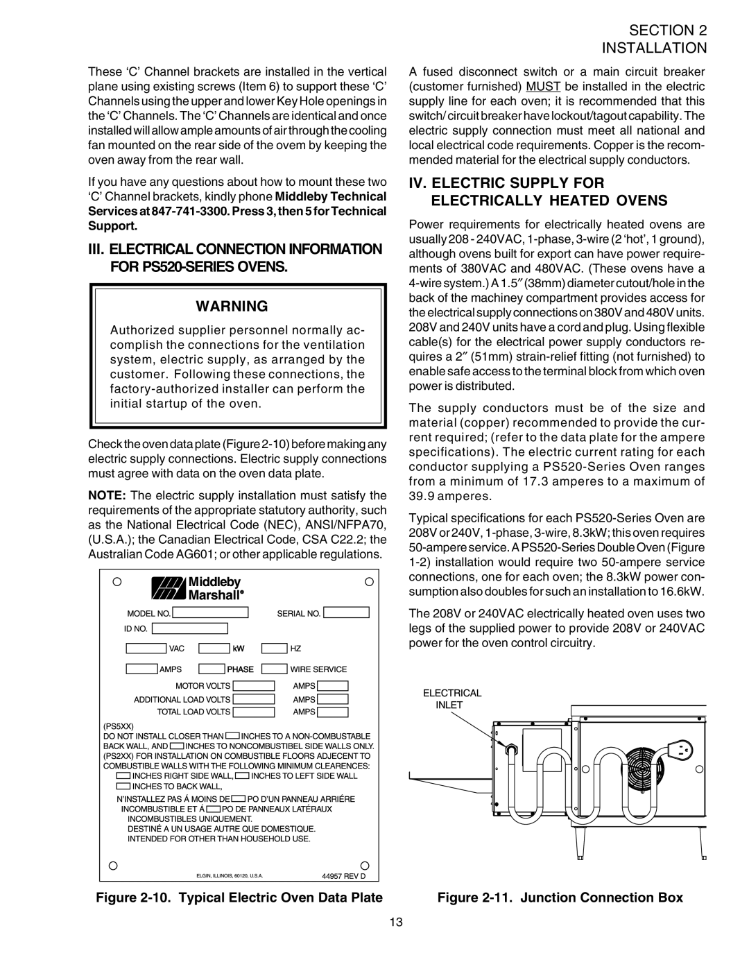 Middleby Marshall PS520 IV. Electric Supply for Electrically Heated Ovens, Typical Electric Oven Data Plate 