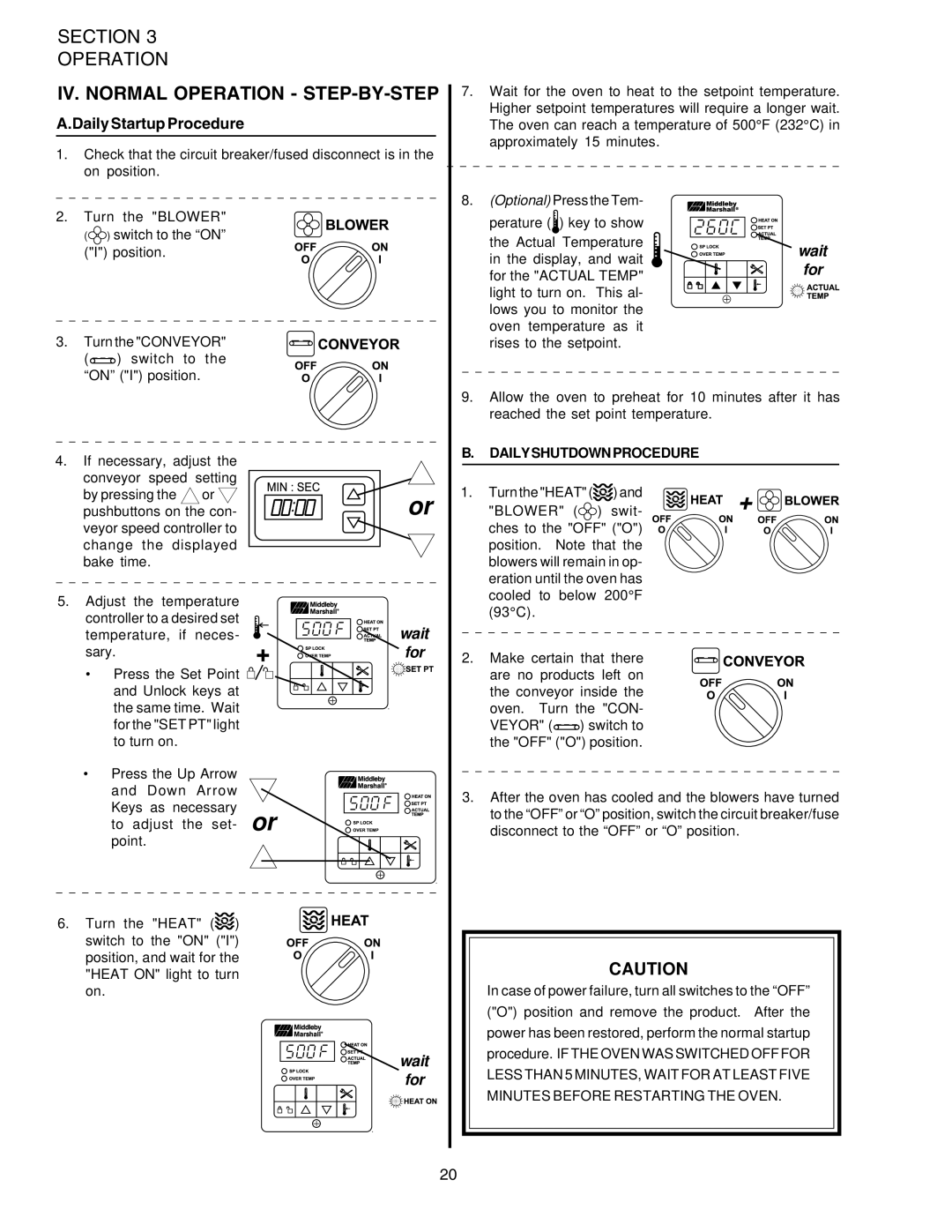 Middleby Marshall PS520 installation manual IV. Normal Operation STEP-BY-STEP, Daily Startup Procedure 