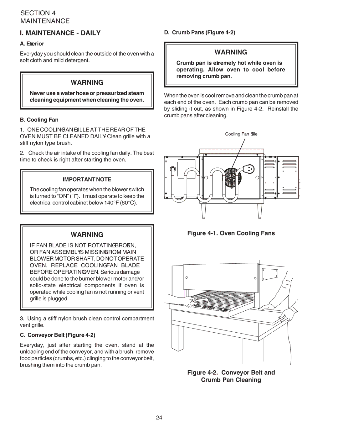 Middleby Marshall PS520 installation manual Maintenance Daily, Exterior, Cooling Fan, Conveyor Belt Figure 