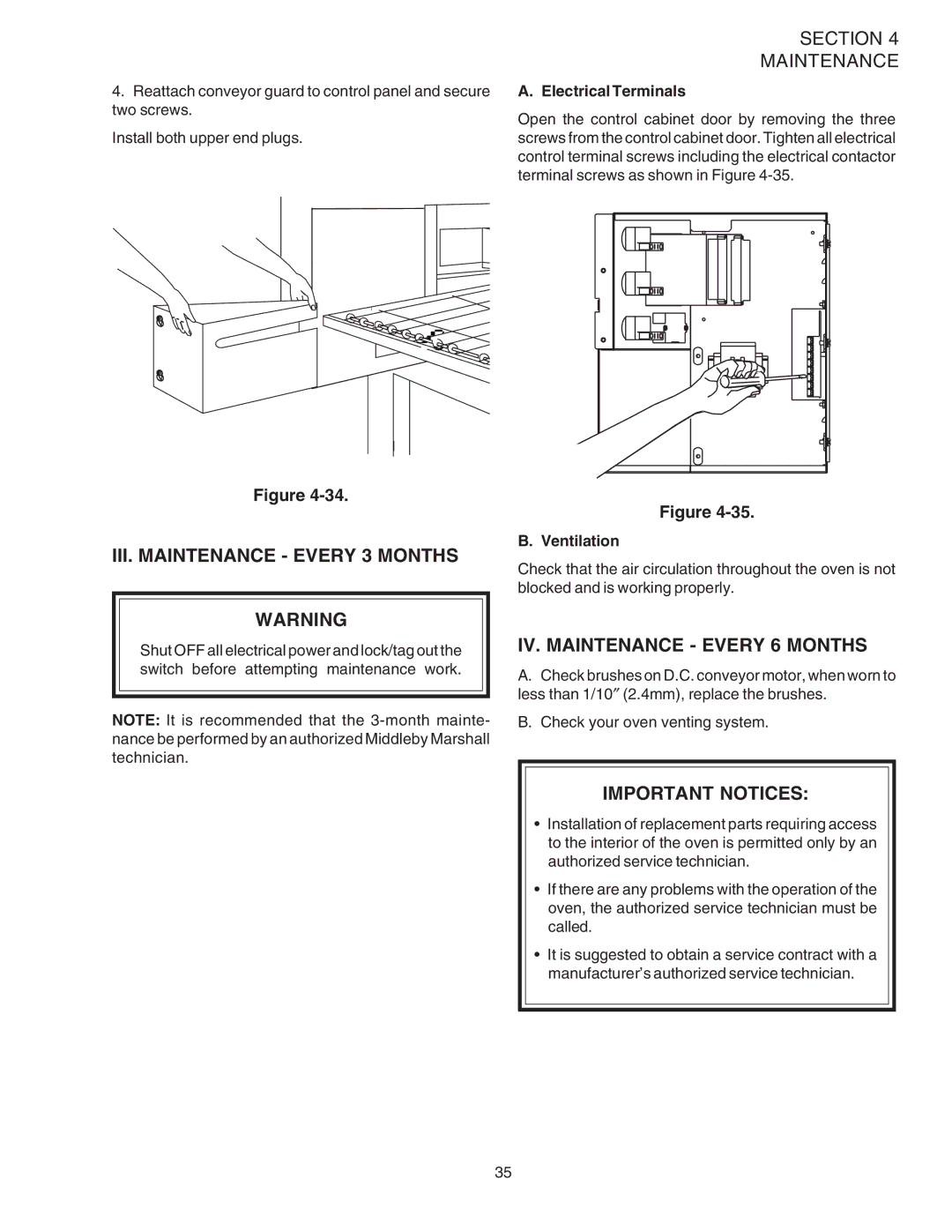 Middleby Marshall PS520 III. Maintenance Every 3 Months, IV. Maintenance Every 6 Months, Important Notices, Ventilation 