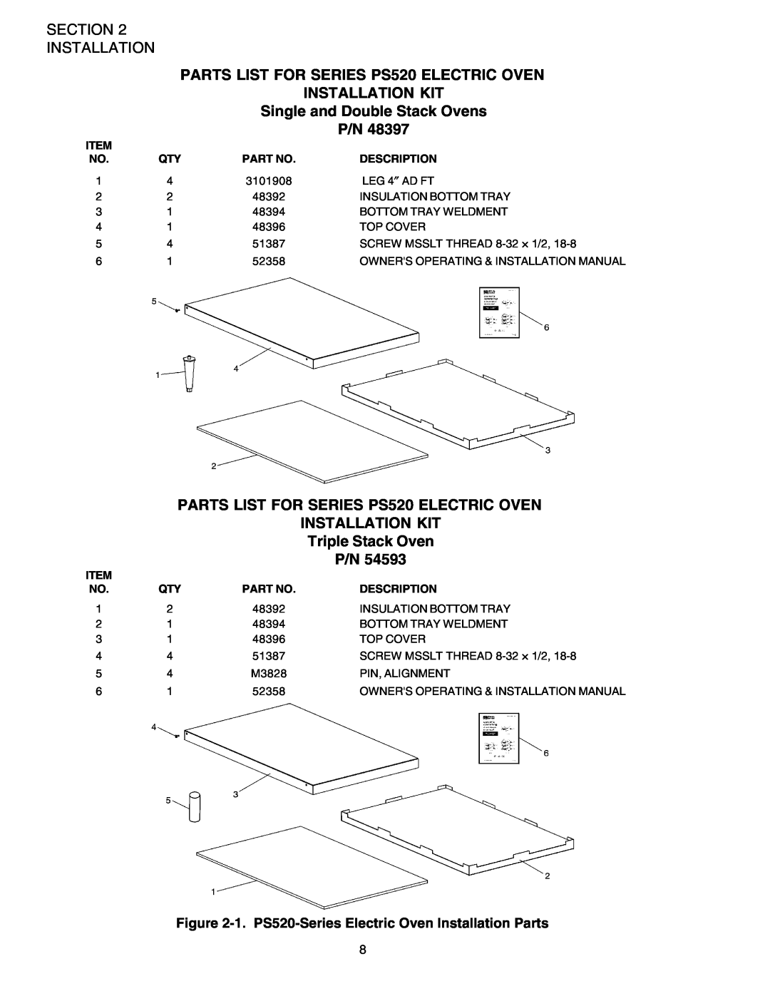 Middleby Marshall Section Installation, PARTS LIST FOR SERIES PS520 ELECTRIC OVEN, Installation Kit, Triple Stack Oven 
