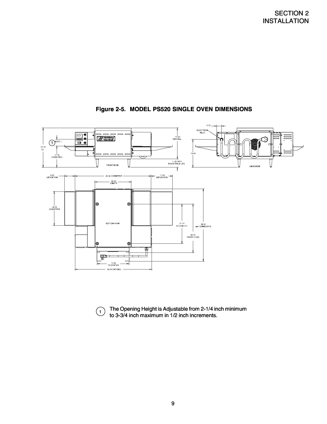Middleby Marshall installation manual Section Installation, 5.MODEL PS520 SINGLE OVEN DIMENSIONS 