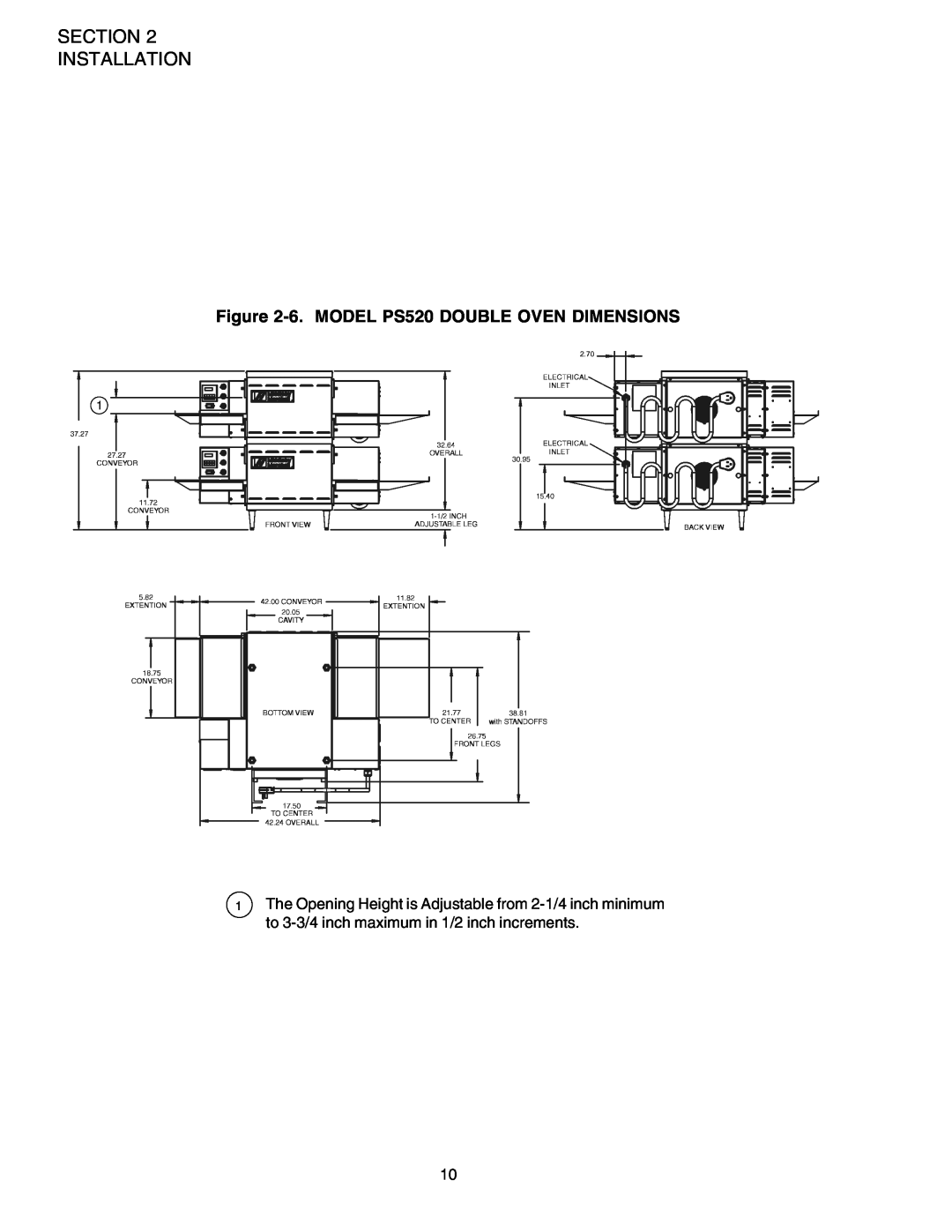 Middleby Marshall installation manual Section Installation, 6.MODEL PS520 DOUBLE OVEN DIMENSIONS 