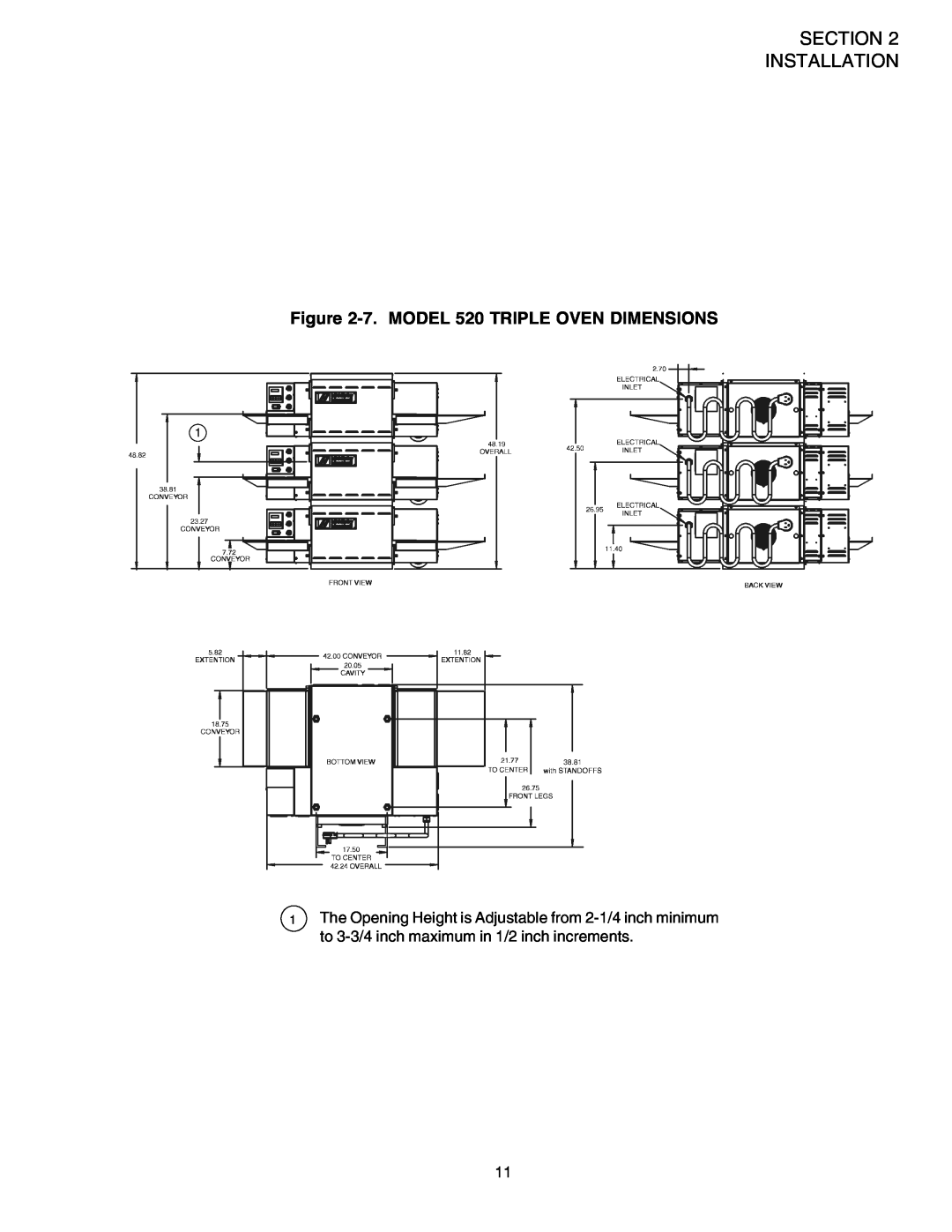 Middleby Marshall PS520 installation manual Section Installation, 7.MODEL 520 TRIPLE OVEN DIMENSIONS 