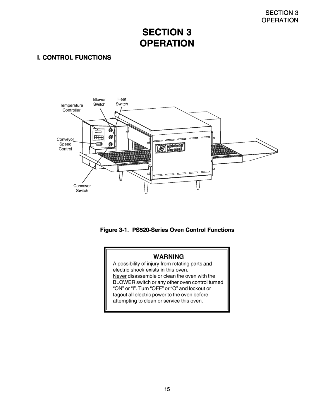 Middleby Marshall installation manual Section Operation, I. Control Functions, 1. PS520-SeriesOven Control Functions 