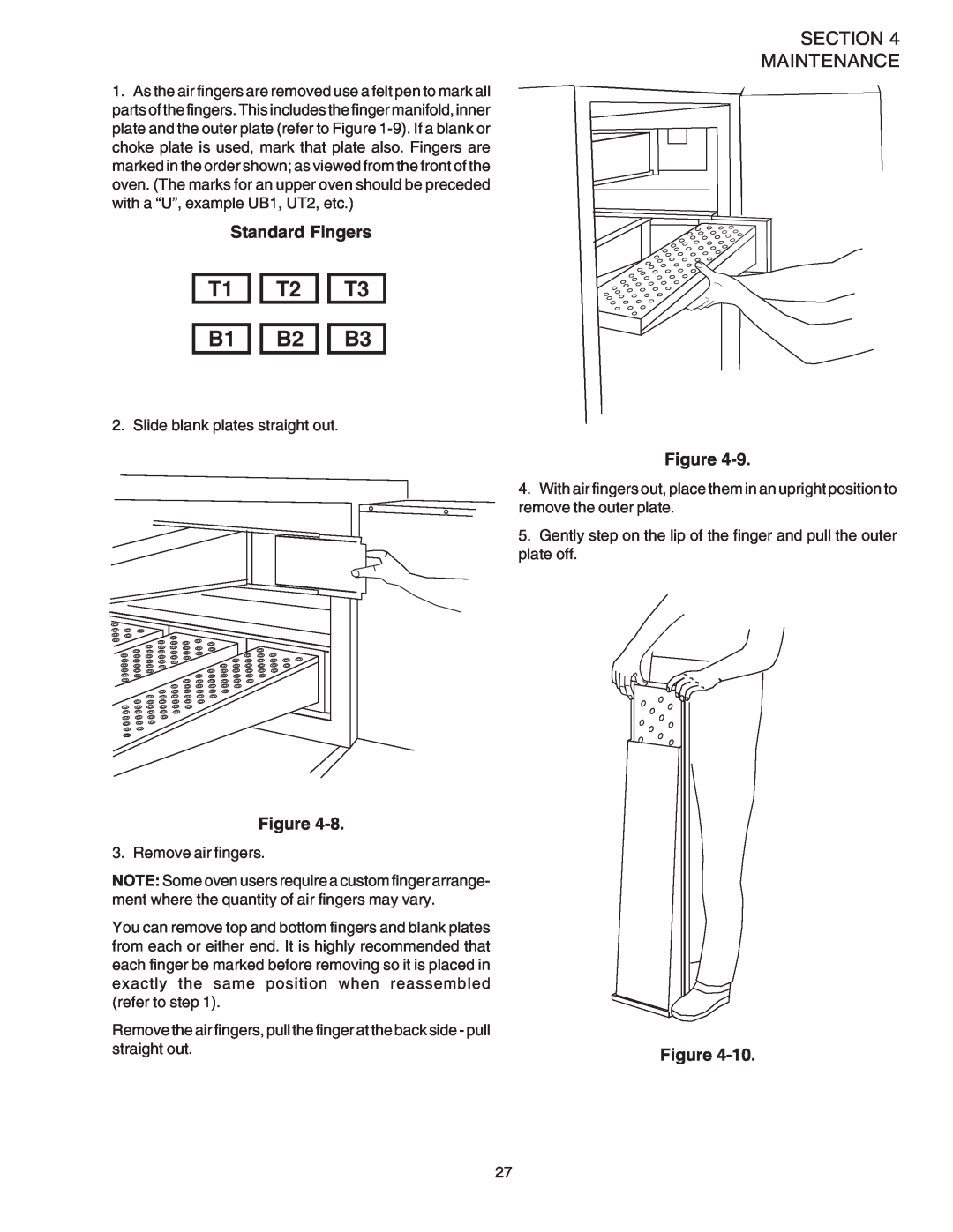 Middleby Marshall PS520 installation manual T1 T2 T3 B1 B2 B3, Section Maintenance, Standard Fingers, Figure 