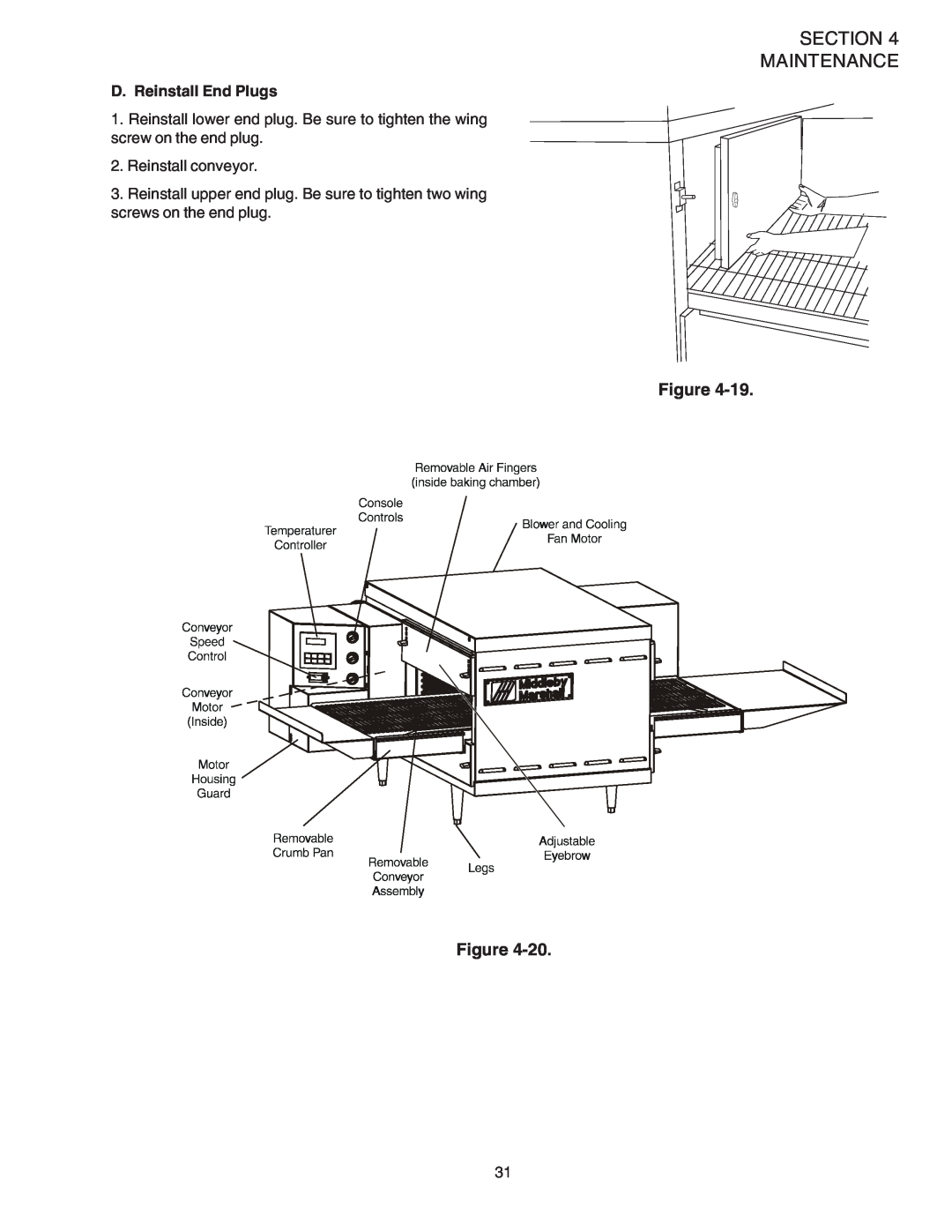 Middleby Marshall PS520 installation manual Section Maintenance, Figure Figure, D. Reinstall End Plugs, Reinstall conveyor 