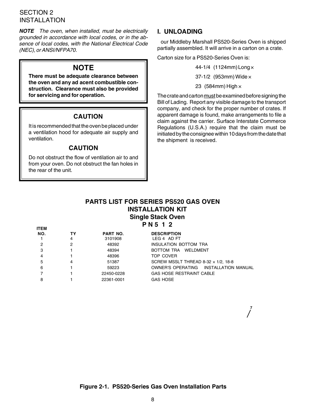 Middleby Marshall PS520G installation manual Unloading, Parts List for Series PS520 GAS Oven Installation KIT 