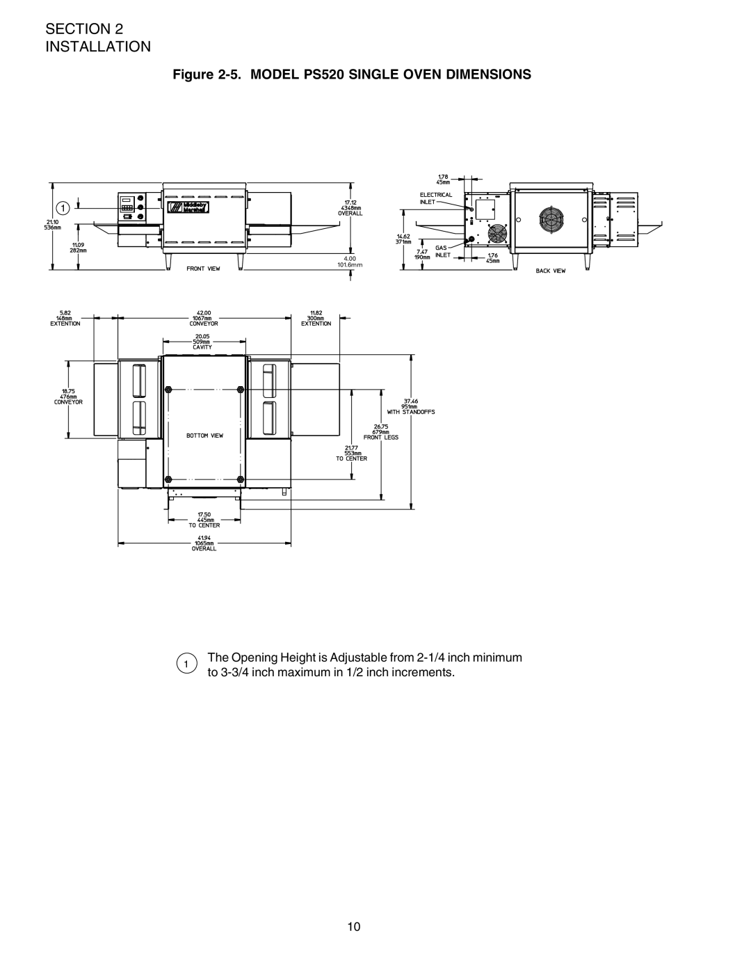 Middleby Marshall PS520G installation manual Model PS520 Single Oven Dimensions 