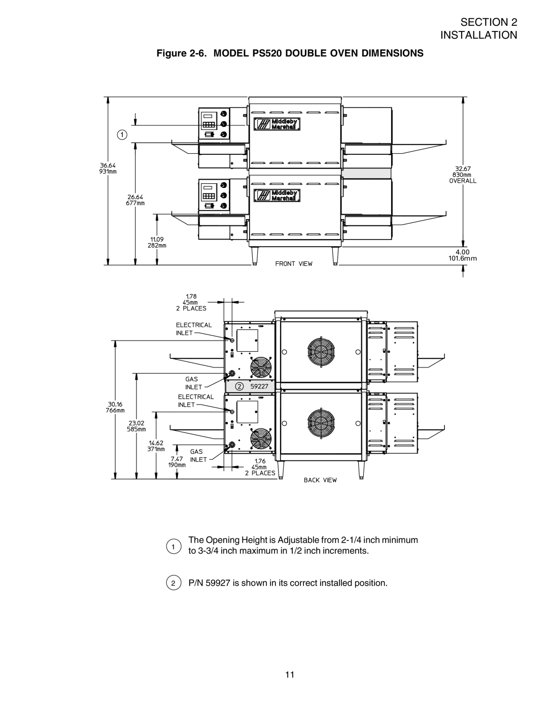 Middleby Marshall PS520G installation manual Model PS520 Double Oven Dimensions 