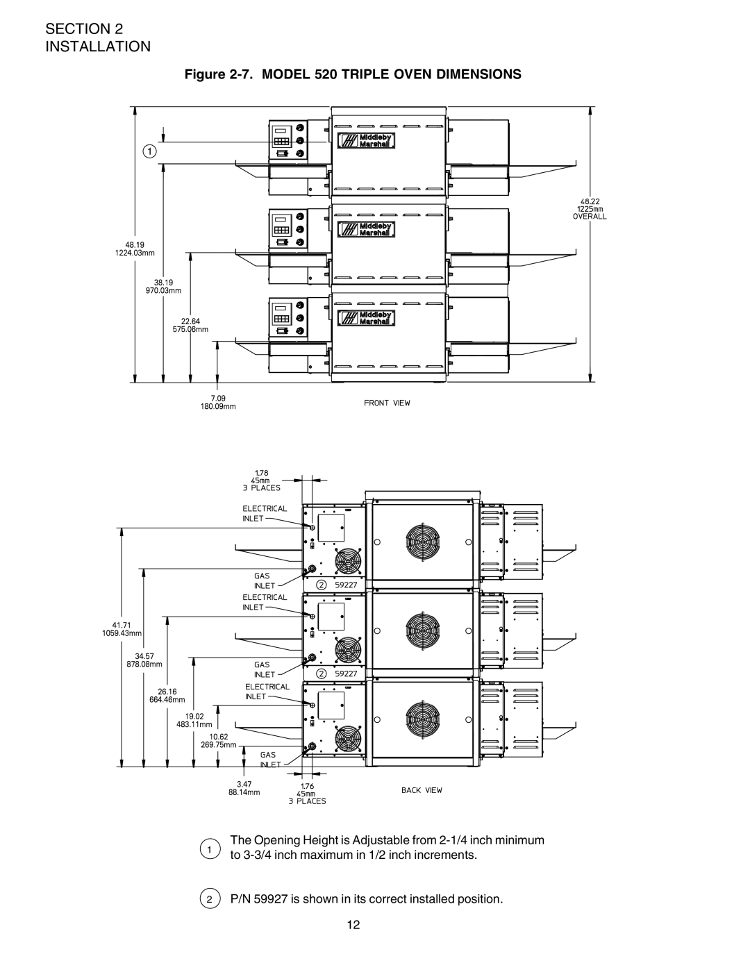 Middleby Marshall PS520G installation manual Model 520 Triple Oven Dimensions 